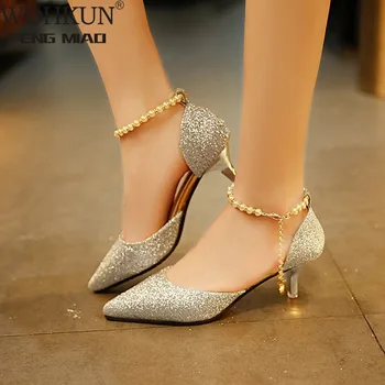 

2020 Shiny Rhinestone Ladies Sandals Stiletto Heel Shallow Mouth Pointed Buckle Women Sandals Hollow Beaded Shoes