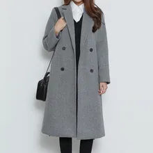 Мода темперамент серый шерстяная куртка-пальто зимнее теплое пальто женский костюм воротник двубортный длинный толстый шерстяной пиджаки