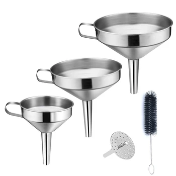 

Stainless Steel 5 Piece Kitchen Strainer Funnel Set, Stainless Steel Funnel Filter Set with Handle & Detachable Strainer for Tra