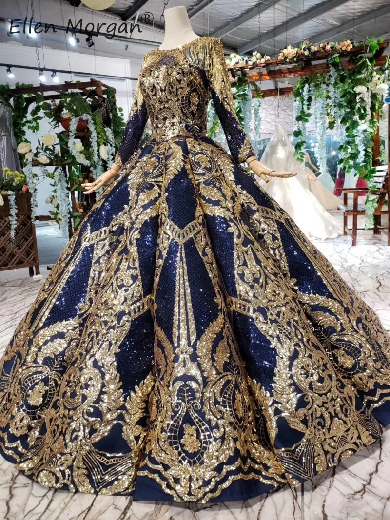 Bestidos De Gala/темно-синие платья для выпускного бала Бальные платья золотистого цвета с длинными рукавами и круглым вырезом, кружевное платье с блестками для девочек