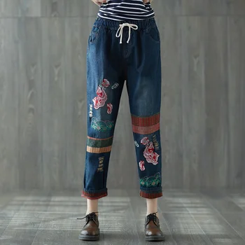 

Casual Boho Vintage Retro Ethnic Embroidery Patchwork Elastic Waist Jeans Blue Denim Women Harem Pants Capri Spring Trousers