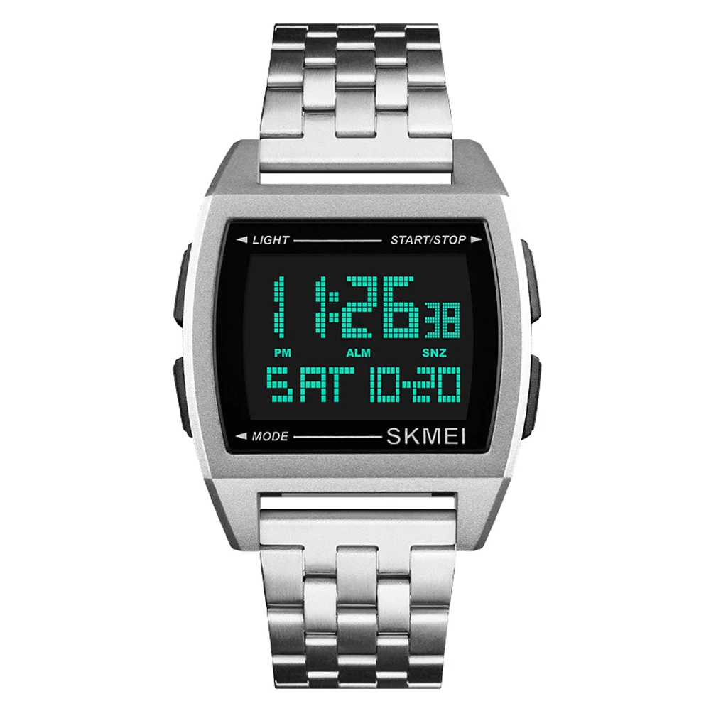 

Men Gift Stainless Steel Double Time Business Date Rectangle Alarm Clock Electronic Anti Shock Waterproof Digital Watch Office