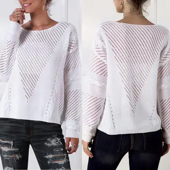 

Casual Women Knitted Sweater Hollowed Round Neck Long Sleeve Loose Jumper Top Hollowed Design All-match Solid Women's Sweater