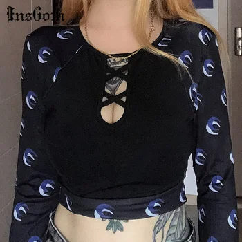 

InsGoth Bodycon Long Sleece Hollow Out O-neck Tops Autumn Women Patchwork Moon Print Crop Tops Gothic Punk Black Tops Fashion