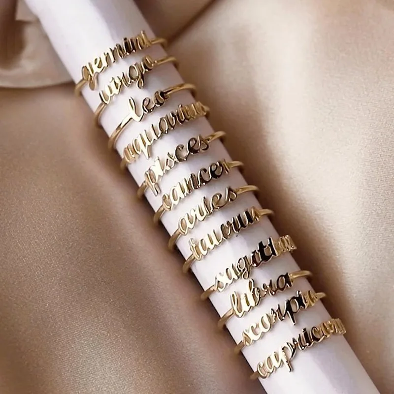 Minimalist thin Open Gold 12 Star Signs Finger Rings Birthday Friendship Jewelry Gift Personality Custom Zodiac Rings For Women