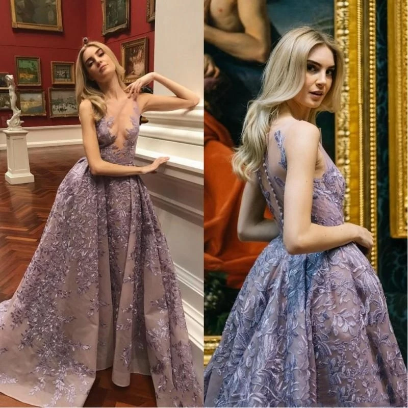 

Lavender Prom Dresses Lace Applique Sheer Neck Backless Court Train Formal Evening Party Gowses Evening Party Gowns