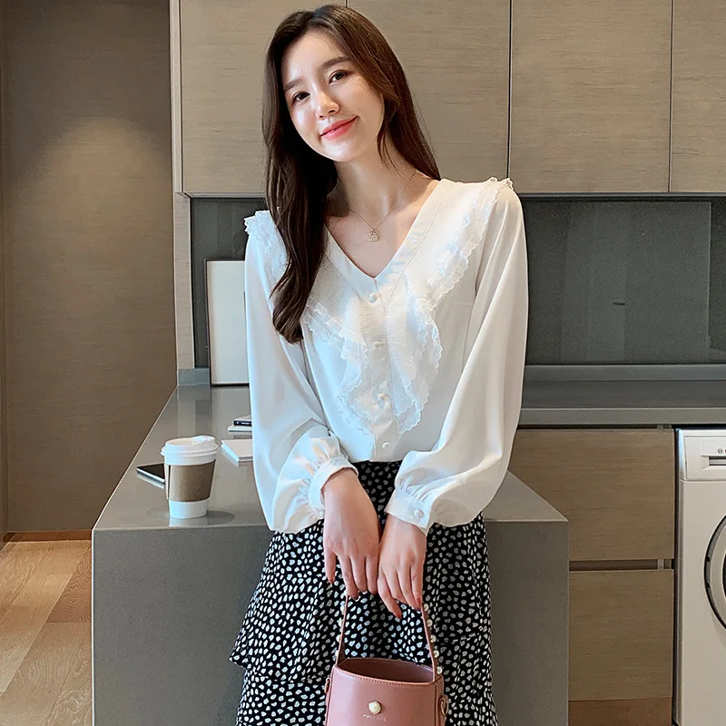 

Spring And Autumn Shirt Women Long Sleeve 2020 WOMEN'S Dress New Style Lace V-neck Loose-Fit Chiffon Blouse Tops Young Shirt
