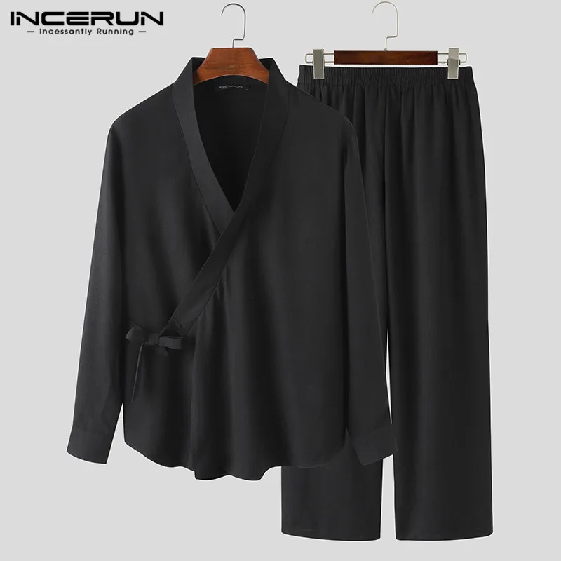 INCERUN Chinese Style Solid Sets Mens Long Sleeve Kimono Tops Baggy Pants Suits Vintage Breathable Sets Men Retro Suit Plus Size INCERUN Chinese Style Solid Sets Mens Long Sleeve Kimono Tops Baggy Pants Suits Vintage Breathable Sets Men Retro Suit Plus Size