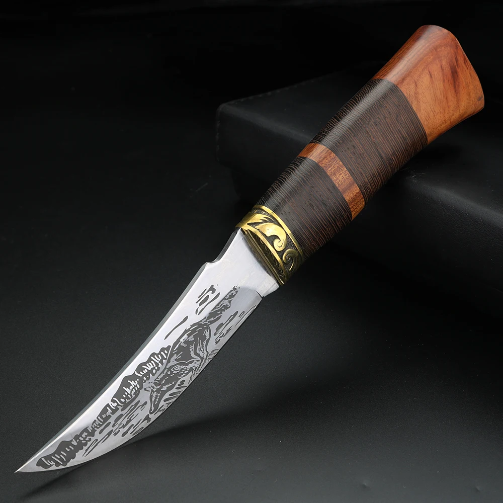 Camping Hunting Knife with Wooden Handle Wolf Pattern Fixed Blade Short Outdoor Survival Portable EDC Tool | Инструменты