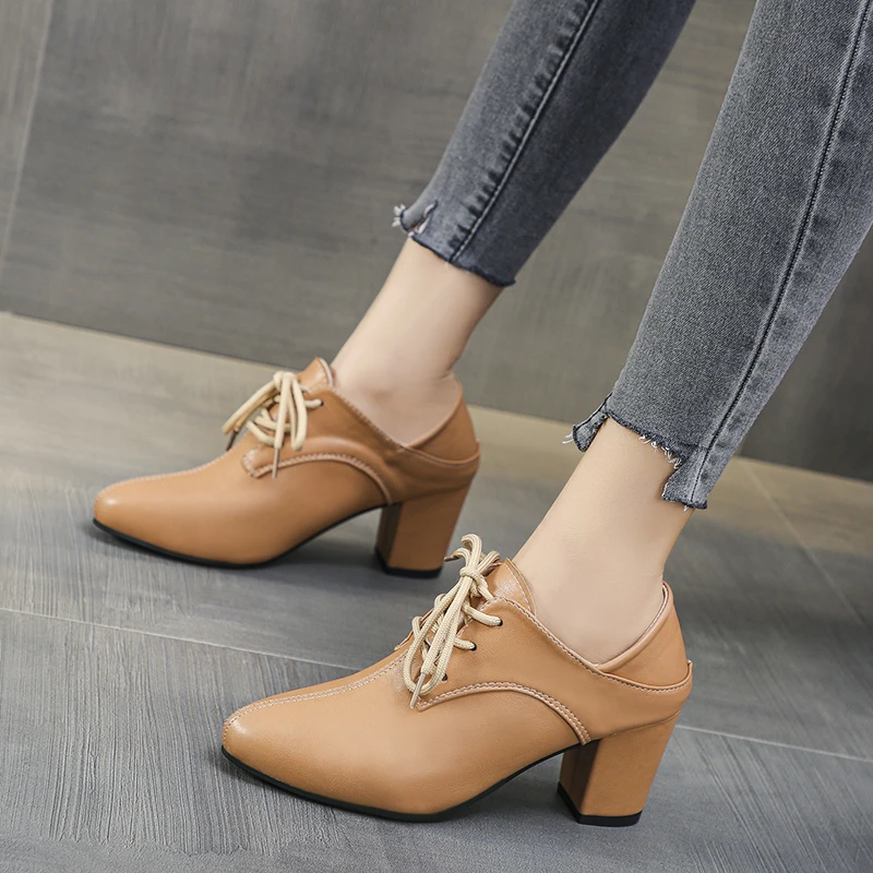 Zapatos de piel microfibra para mujer, calzado informal de tacón medio estilo coreano, sin cordones, para oficina, color Beige y negro|Zapatos tacón de mujer| -