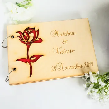 

Wooden Custom Name Wedding Guest Book New Bride Groom Rose Flower Wooden Guestbook Wedding Engageme Party Accessory Supplies