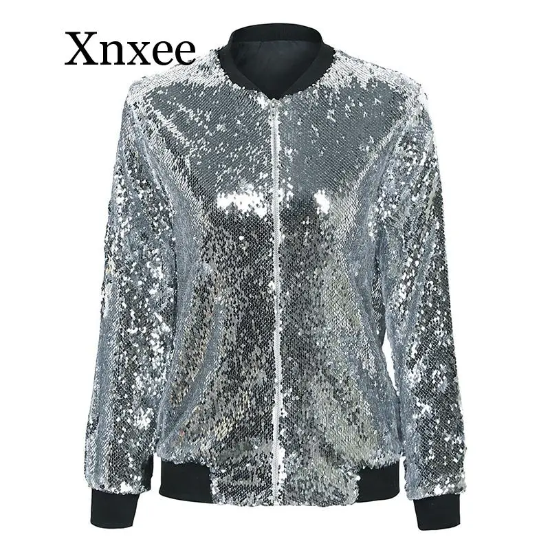 Baseball uniform Women Sequins Coat Bomber Jacket Long Sleeve Zipper Streetwear Casual Loose Glitter Outerwear  Autumn Coat
