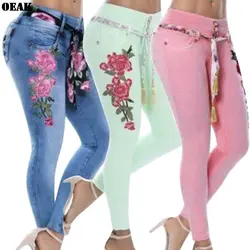 Oeak 2019 женские Стрейчевые джинсы с высокой талией и вышивкой цветочный принт деним женские брюки-карандаш большие размеры 5XL