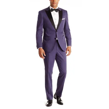 

New Arrival Purple Grooms Tuxedos Black Satin Peaked Lapel Wedding Suits For Men Two Piece Mens Suits Two Button Groomsmen Suit