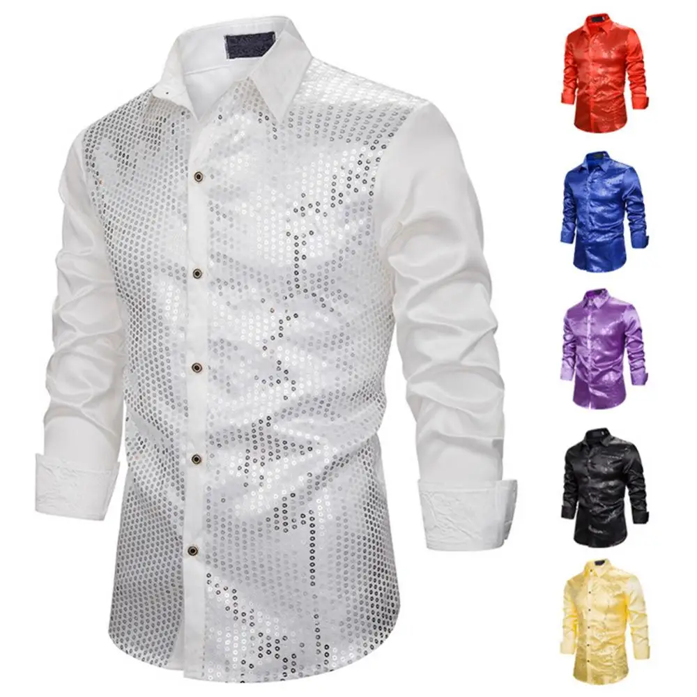 Men Shiny Sequins Shirt Long Sleeve Solid Color Turn Down Collar Party Stage Costume Top