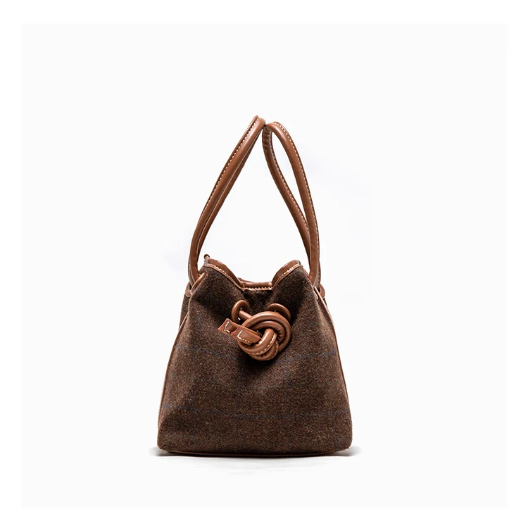 Женская сумка-мешок из шерстяного хаундстута,, зимняя, японская, дизайнерская, клетчатая, из синтетического флиса, кошельки и сумки на шнурке, Повседневная