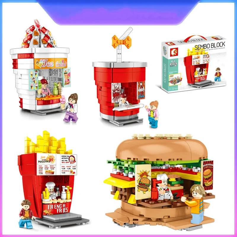

Street view selling burger ice cream fries snack bar shop building blocks