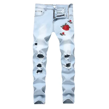 

2020 new men embroidered roses hole shallow blue jeans stretch of cultivate one's morality pants jeans teenagers
