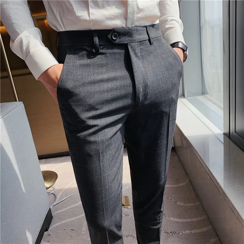 Men Dress Pants Office-Trousers Formal-Wear Slim-Fit Business Casual Spring Straight