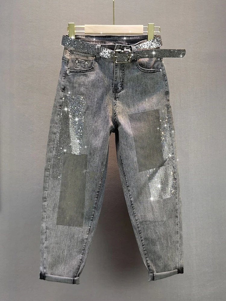 

2020 Summer Fall Jeans Woman New European Style Loose Elastic High Waist Hot Drilling Capri Harem Pants Thin Jeans Denim Pants