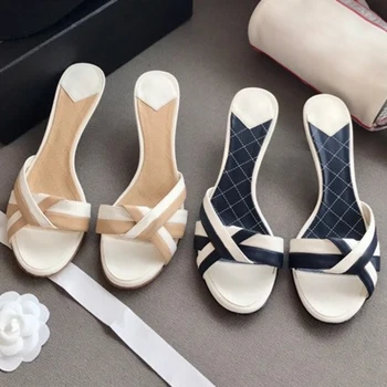 

Brand Slippers Women Leather Slippers Woman Open Toe Outdoor Female High Heels Shoes Summer Woman Sandals Slippers 35-40