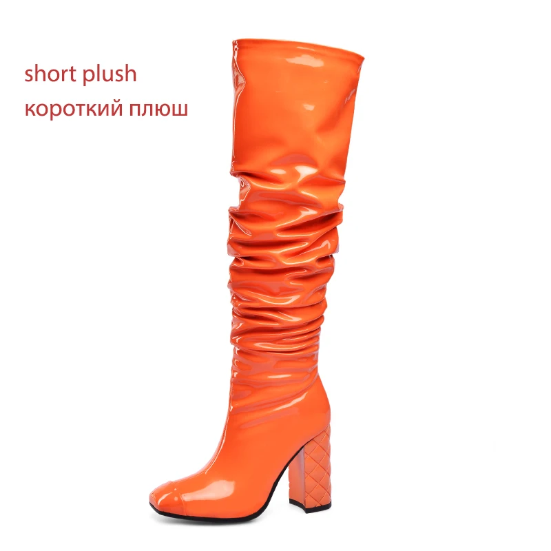 WETKISS/ботинки с голенищем «гармошкой» Для женщин из лакированной Pu искусственной кожи сапоги до колена на высоком каблуке; обувь на толстой подошве; женские Обувь на квадратном каблуке женские зимние сапоги большие размеры 33–45 - Цвет: orange  short pluhs