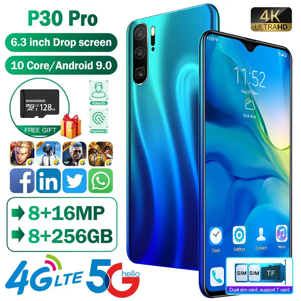 US $107.32 Global P30 PRO 8GB ROM 256GB Mobile Phone MTK6797 Deca Core 6310802340 Front Camera 8MP Rear Camera 16MP 4800mAh Smartphone