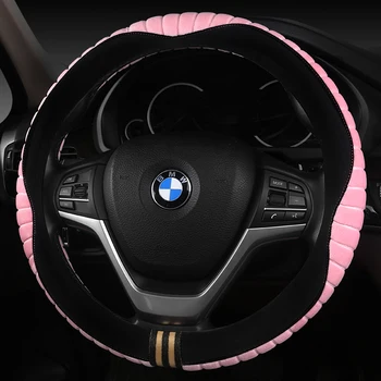 

KKYSYELVA Pink Car steering wheel cover Winter Handbrake Gear Shift Cover Plush Auto Steering wheels Interior Accessories