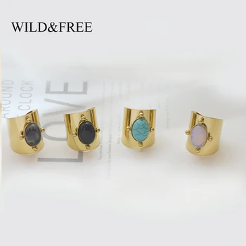 

Wild&Free Stainless Steel Gold Color Wide Rings For Women Big Natural Stone Finger Ring Vintage Jewelry Best Gift