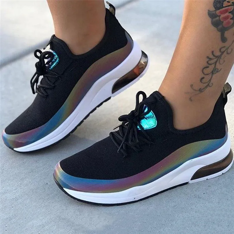 Ligghing-zapatillas de deporte para mujer, zapatos planos informales con cordones de malla, ligeras y transpirables