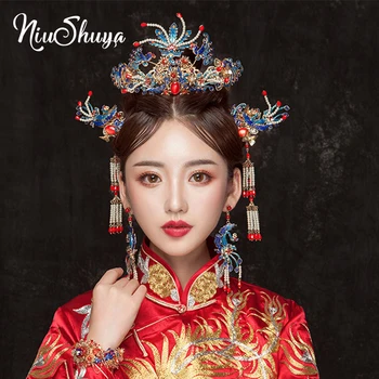 

NiuShuya High Grade Handmade Chinese Vintage Style Wedding Headdress Retro Chinese Blue Phoenix Coronet Hair Ornament Accessory