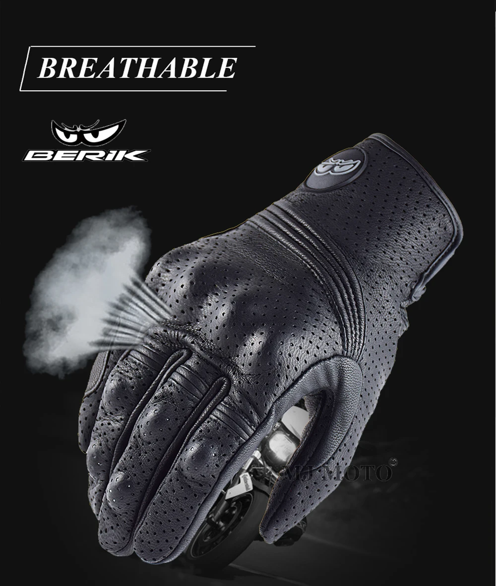 BERIK Motorcycle Leather Gloves Men Carbon Fiber Protection Racing Glove Screen Touch Sheepskin Motocross Glove M-XXL Electric Helmet Motorcycle