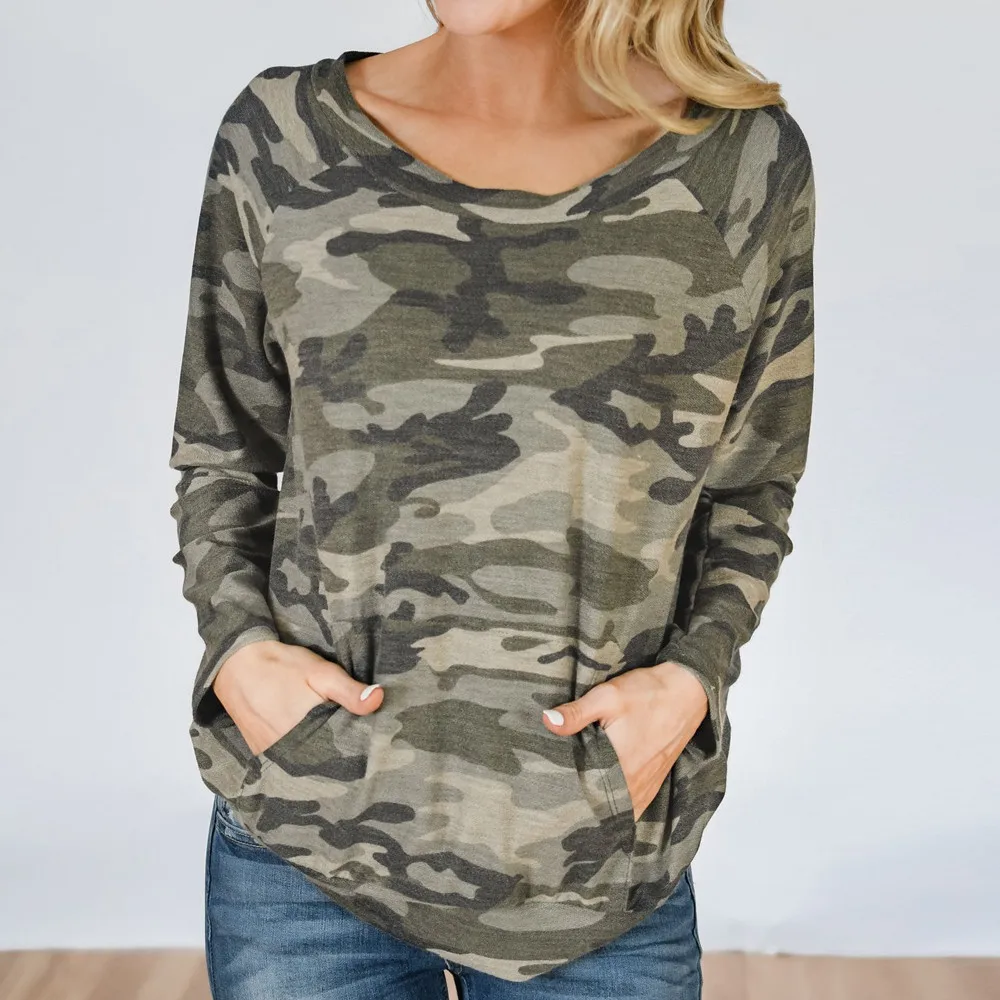 

Women's Camouflage Printing Hatless Long Sleeves Tops Womens Tops and Blouses Spring Autumn Lady Tops tee shirt femme 2019 NEW