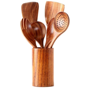 

Kitchen Utensil Set, Wooden Cookware Set Nonstick Kitchen Tool Wooden Spoon and Spatula Salad Fork with Wooden Spoon 7 Piece Set