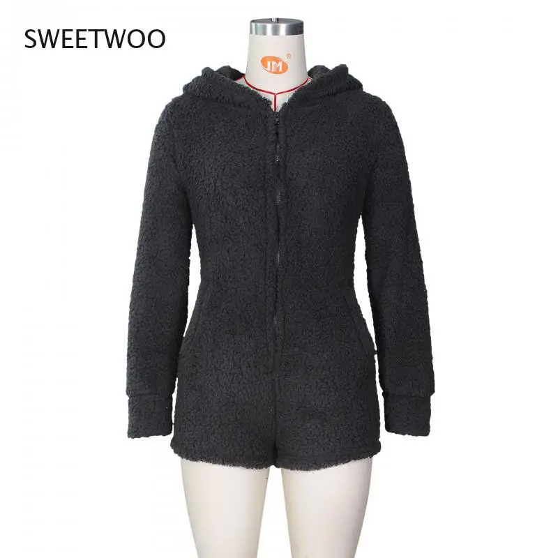 Casual Women Faux Fur Jumpsuits Long Sleeves Zippers Pockets Furry Hooded Bodysuit Solid Pattern Warm Fluffy Piece Pajamas