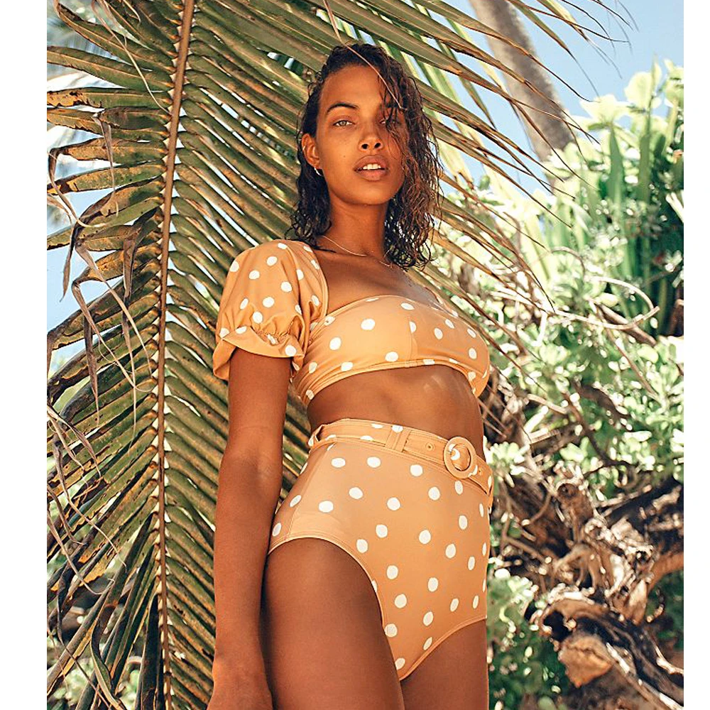 

Sexy Retro Polka Dots Bandeau High Waist Bikini 2020 Lady Short Sleeve Swimwear Women Swimsuit Female Swim Bathing Suit