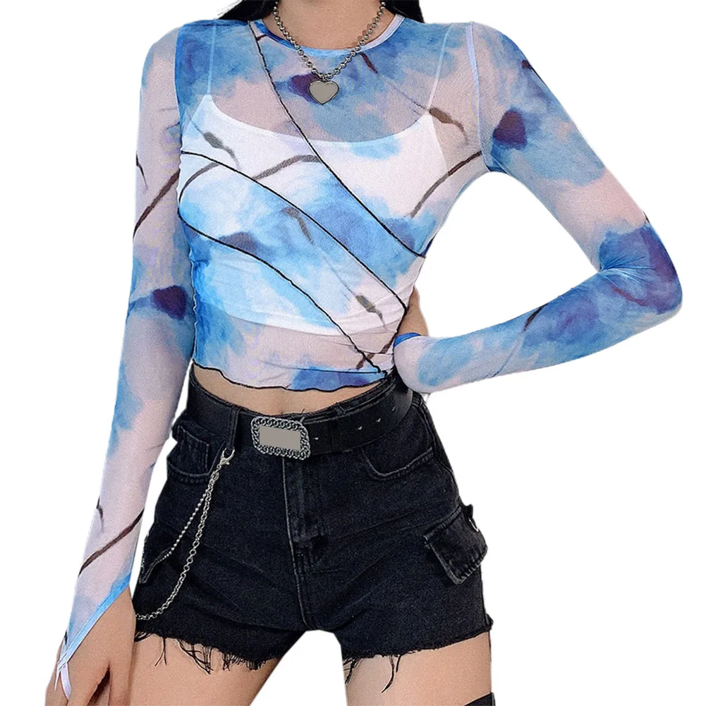 

2020 New Y2k Aesthetics Stitch Slim Tie Dye Tops E-Girl Transparent O-Neck Long Sleeve Ruffles T-Shirts 90s Streetwear Mesh Tees