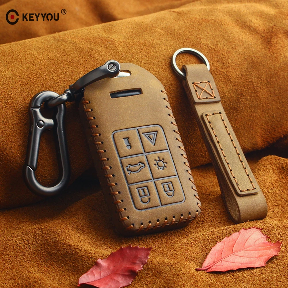 KEYYOU For Volvo S60 S80 V60 XC60 XC70 S60L V40 Genuine Leather Key Case Cover Fob 6 Button Car Remote Smart Case Key 6 Buttons