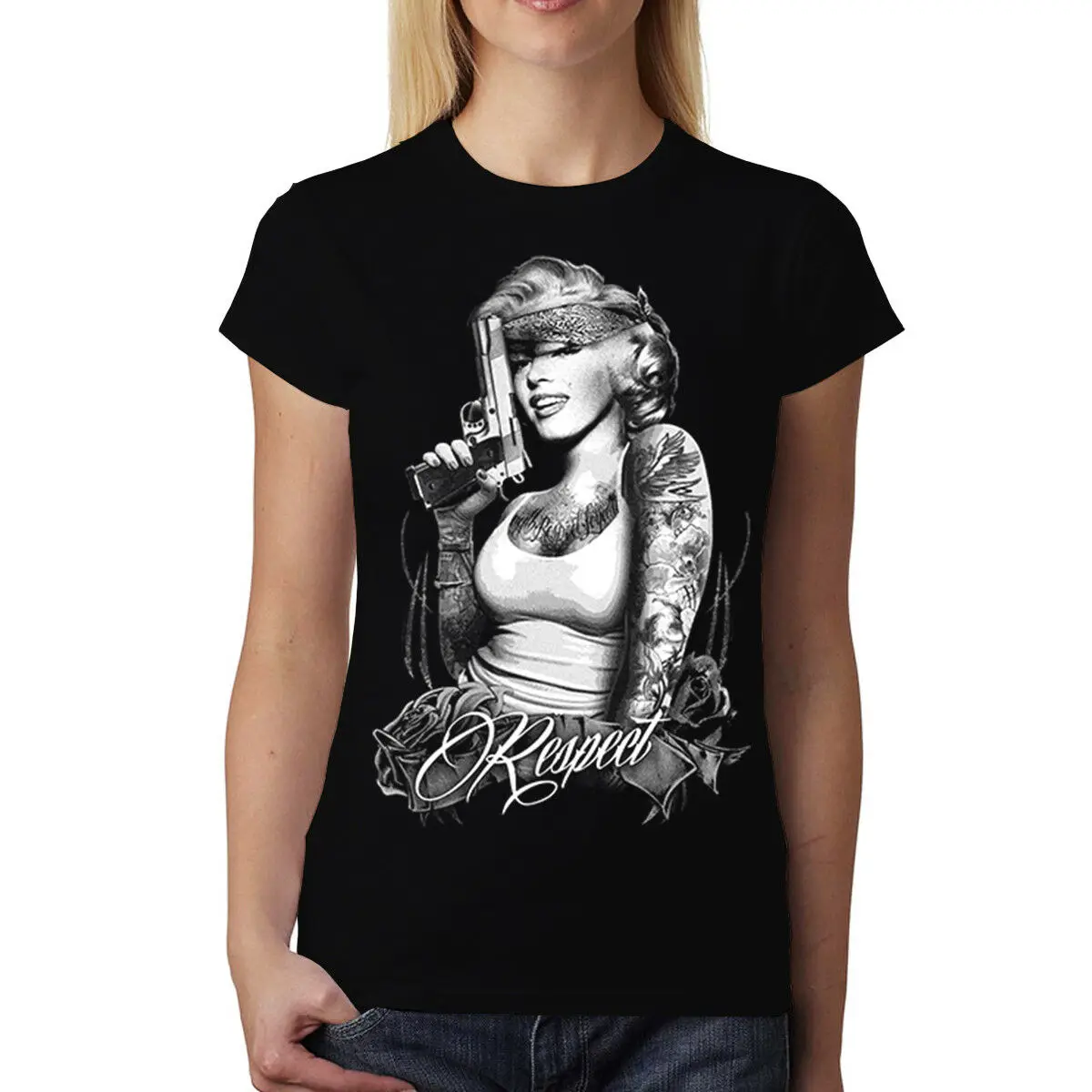 Damen T-Shirt Marylin Monroe mit Pistole Respect Gangster Waffe Respect Slim