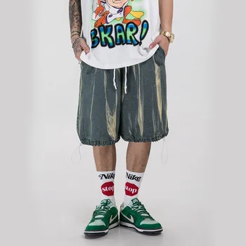 

Men's Summer Drawstring Loose Casual Washed Denim Wide Leg Cargo Shorts Male Streetwear Hip Hop Vintage Fashion Jeans Shorts