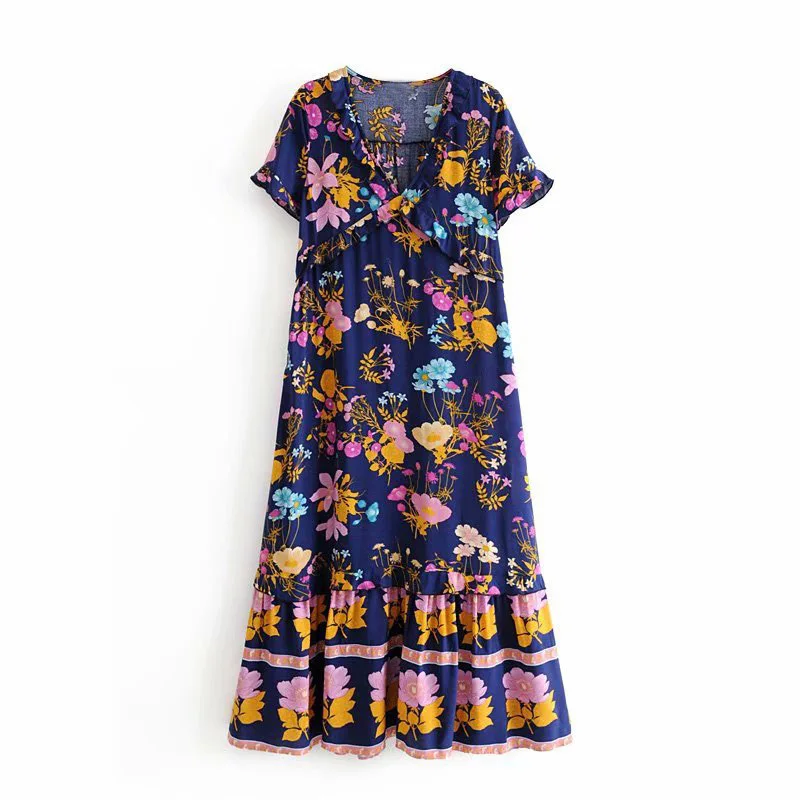 

F1044-Western Style WOMEN'S Dress 2019 Summer New Style V-neck Flounced Positioning Printed Short-sleeve Dress