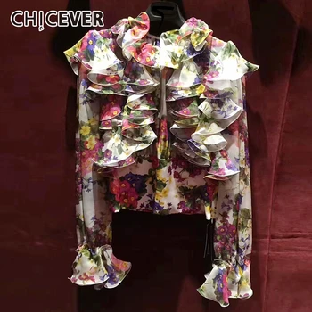 

CHICEVER Vintage Print Ruffles Women's Shirt Ruffled Collar Flare Sleeve Plus Size Casual Ruched Blouse Female 2020 Fashion New