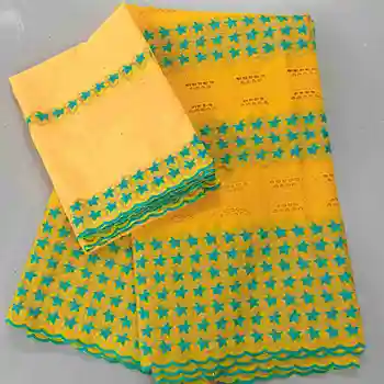 

Yellow Hollow Dubai Style African Lace Fabric High Quality Swiss Voile Lace With Headcloth 5+2Yards 100% Cotton For Wedding Sew