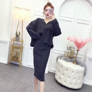

Women's Korean version of the loose-knit long-sleeved shirt bag hip wool skirt two-piece women