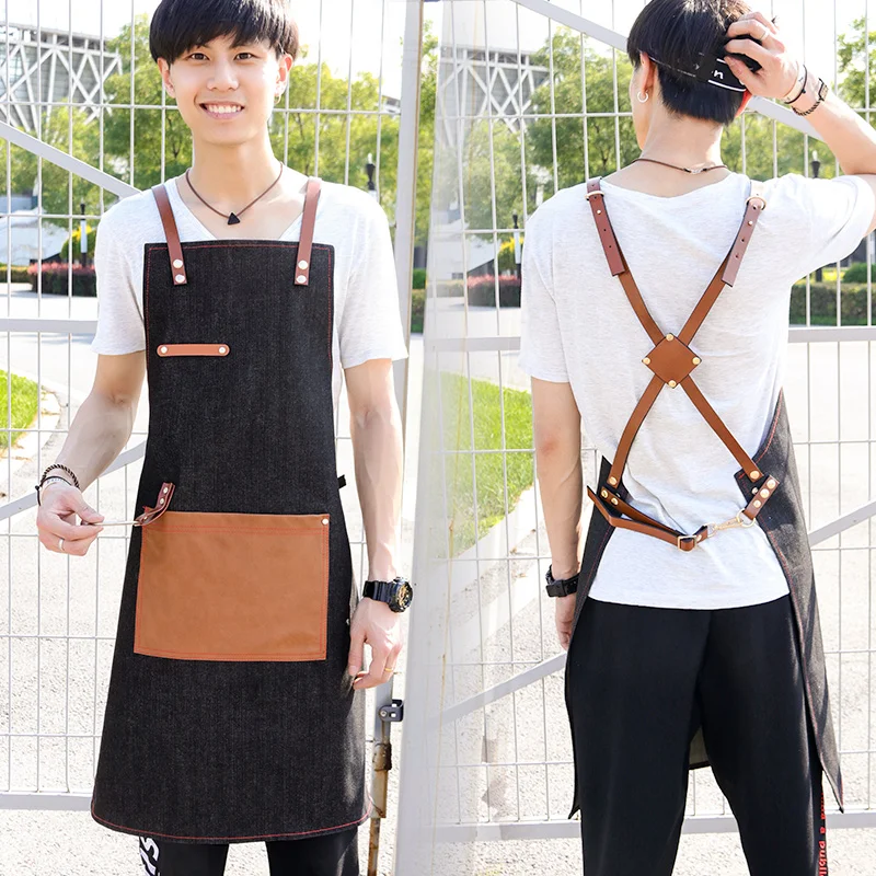 Denim apron canvas custom logo milk tea coffee shop restaurant nail art Korean oil painting men and women overalls