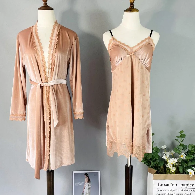 

Autumn 2PCS Robe Set Nightgown Women Sleepwear Velour Homewear SEXY Kimono Bathrobe Gown Sexy Lace Nightwear Intimate Lingerie