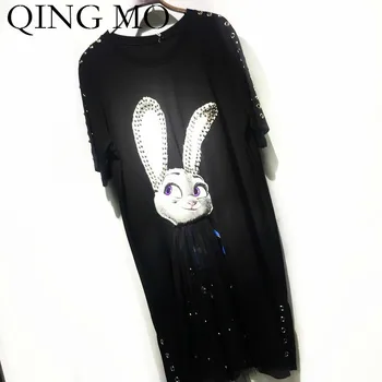 

QING MO Black Women Summer Dress 2020 Women Rabbit Printed Dress With Beading Female Round Rings Hollow Out Dress ZQY3342