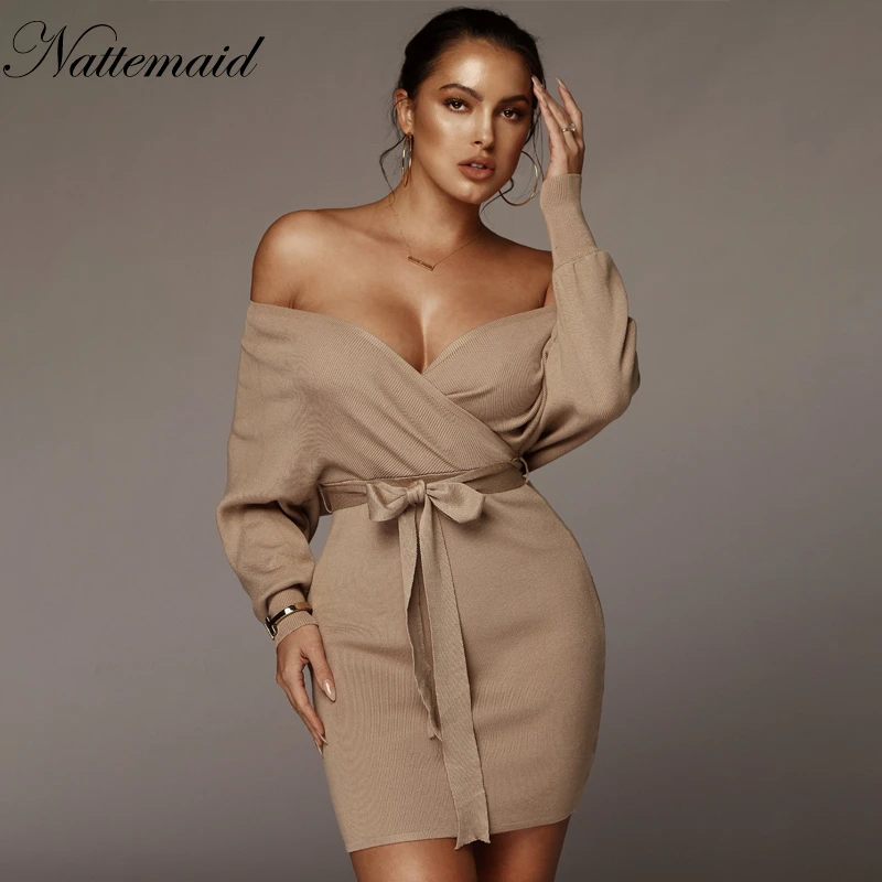 

NATTEMAID Off Shoulder Autumn Dress Women Nightclub Bandage Bow Mini Sexy Dress With Sashes Elegant Bodycon Club Dress Vestidos