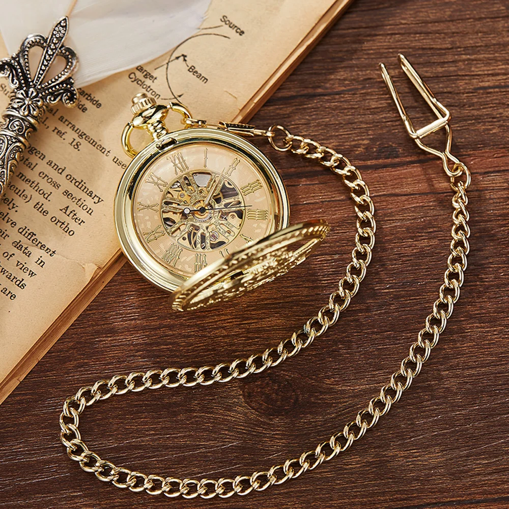 Antique Skeleton Mechanical Pocket Watches Men Women Fashion Quartz Clock Bronze Train Design Mechanical Pocket Watch With Chain