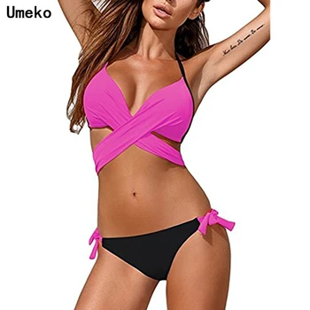 

Umeko New Summer Women Fashion Sexy Off Shoulder Two Piece Set Solid Sleeveless Strapless Tops and Triangle Bikini Set Swimsuit